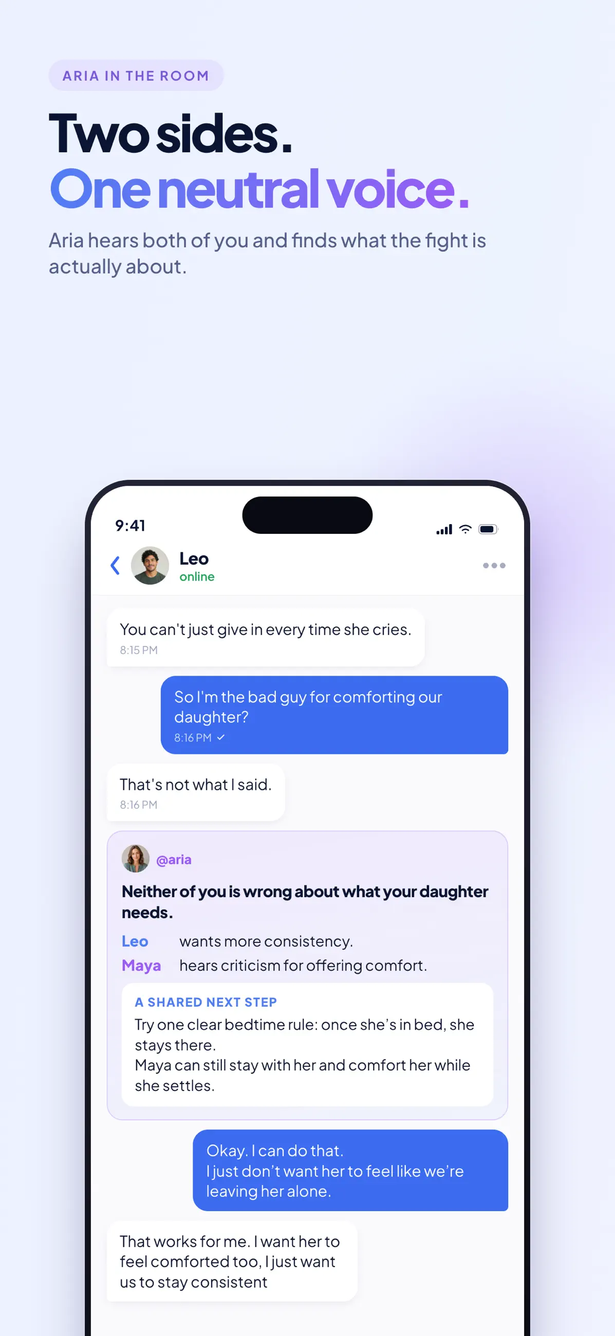 Aria acting as a neutral voice in a shared conversation between two partners.