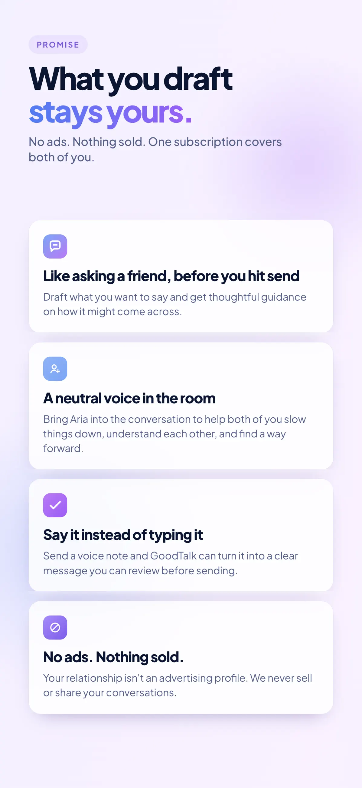GoodTalk privacy features for private drafting, consent-based Aria support, and user-controlled sending.