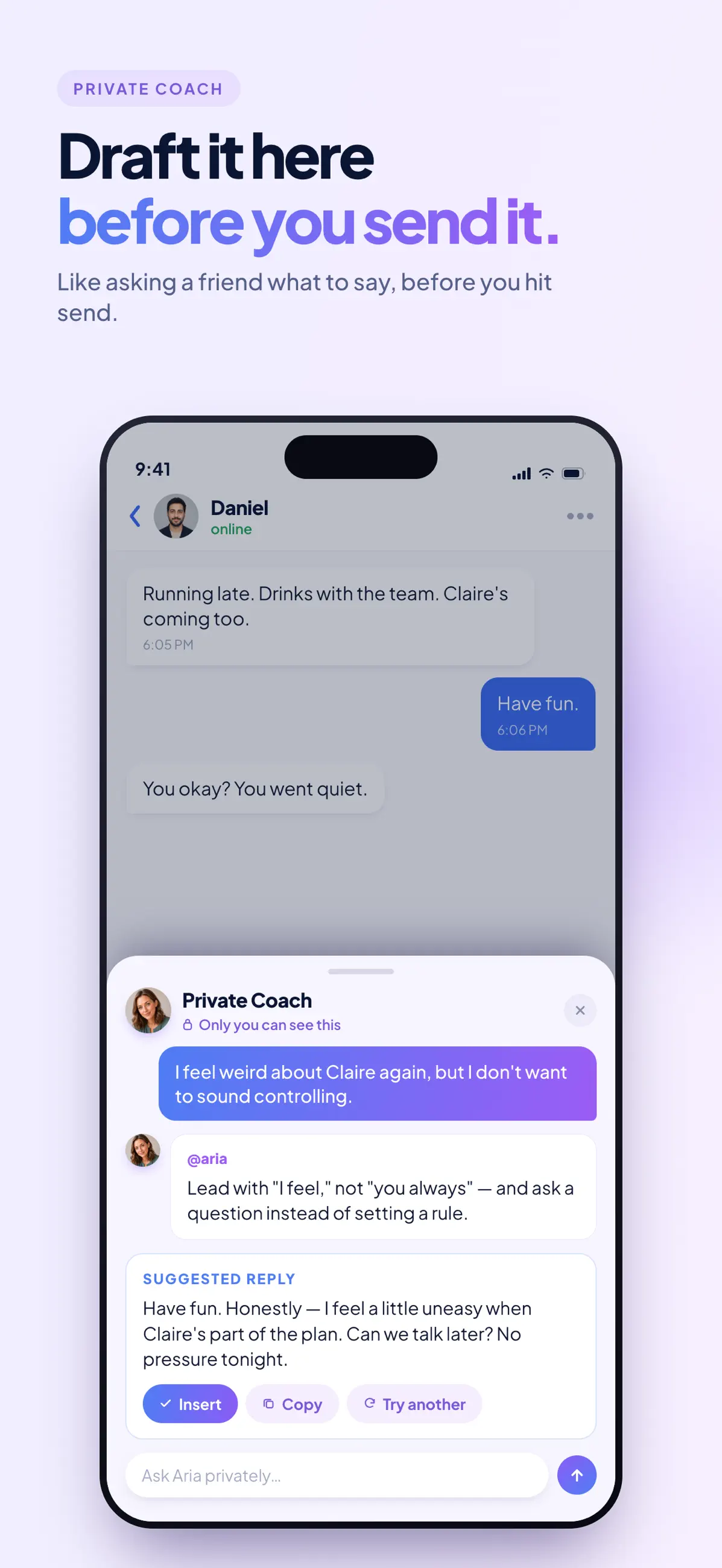 GoodTalk Private Coach helping draft a difficult message before it is sent.