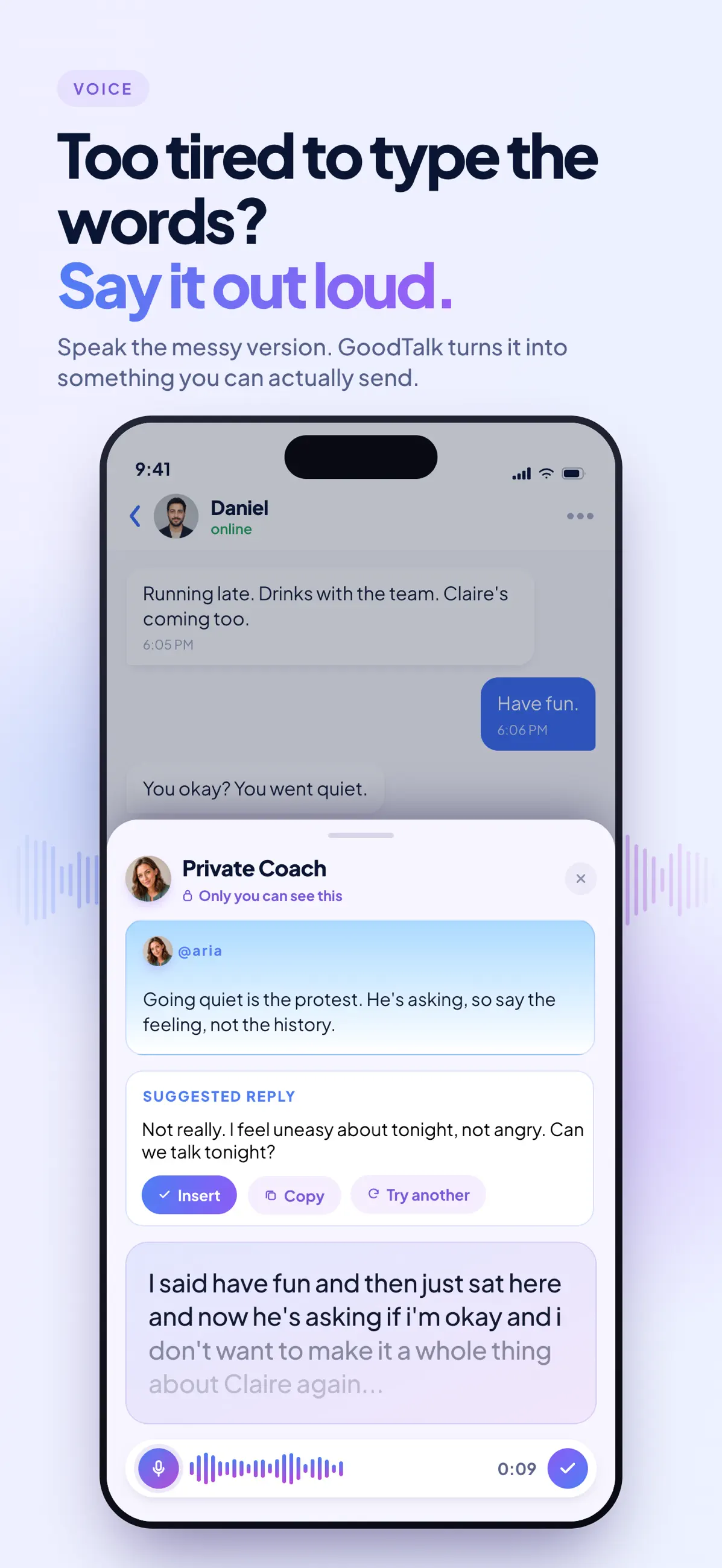 GoodTalk turning a spoken message into an editable voice-to-text draft.