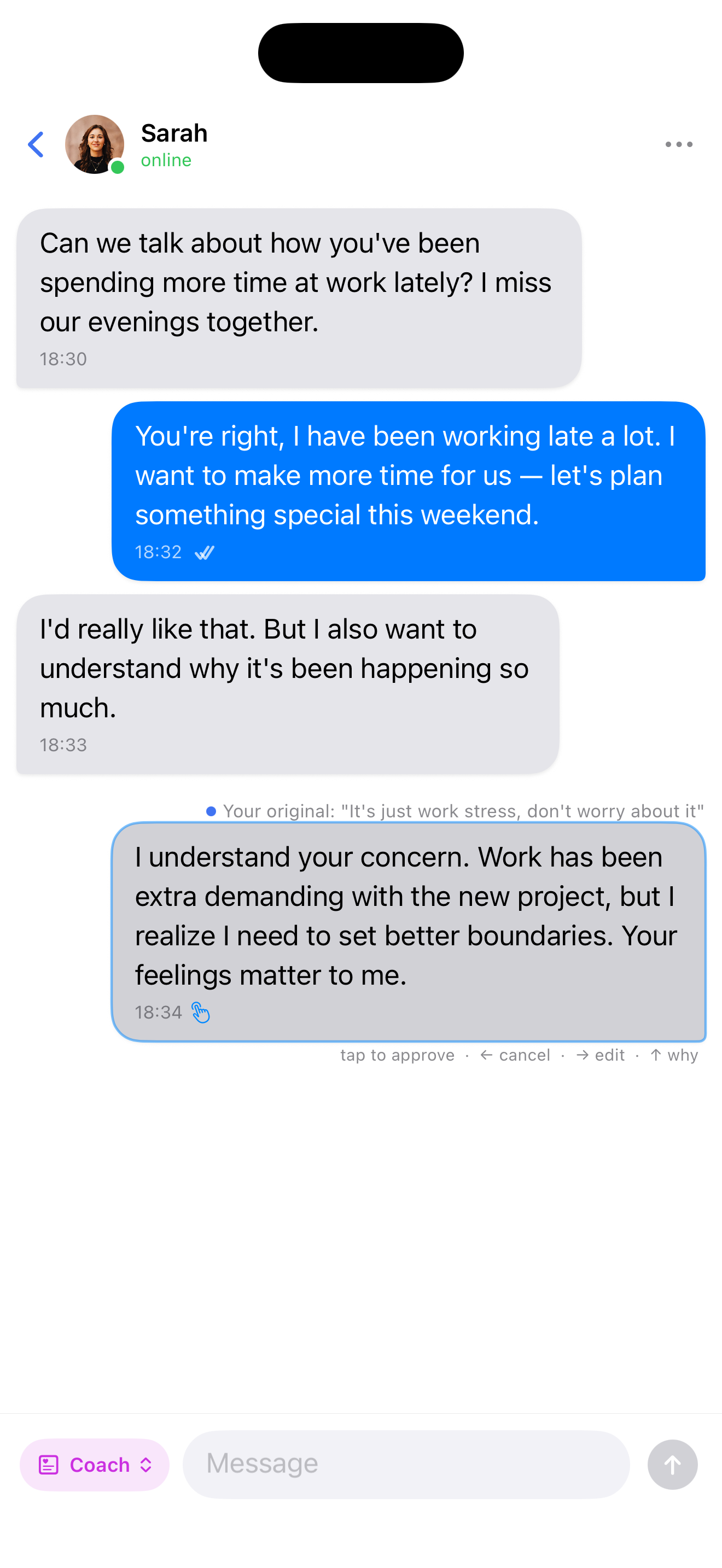 GoodTalk approval flow showing a refined draft that can be approved, edited, or reviewed before sending.