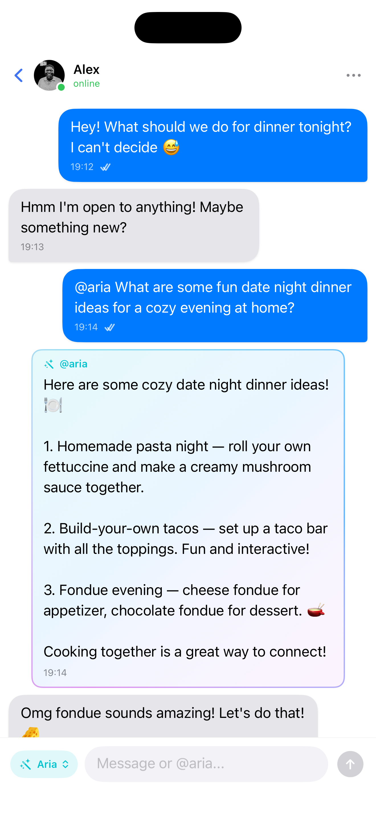 GoodTalk chat where @aria helps with date-night dinner ideas in the middle of a conversation.
