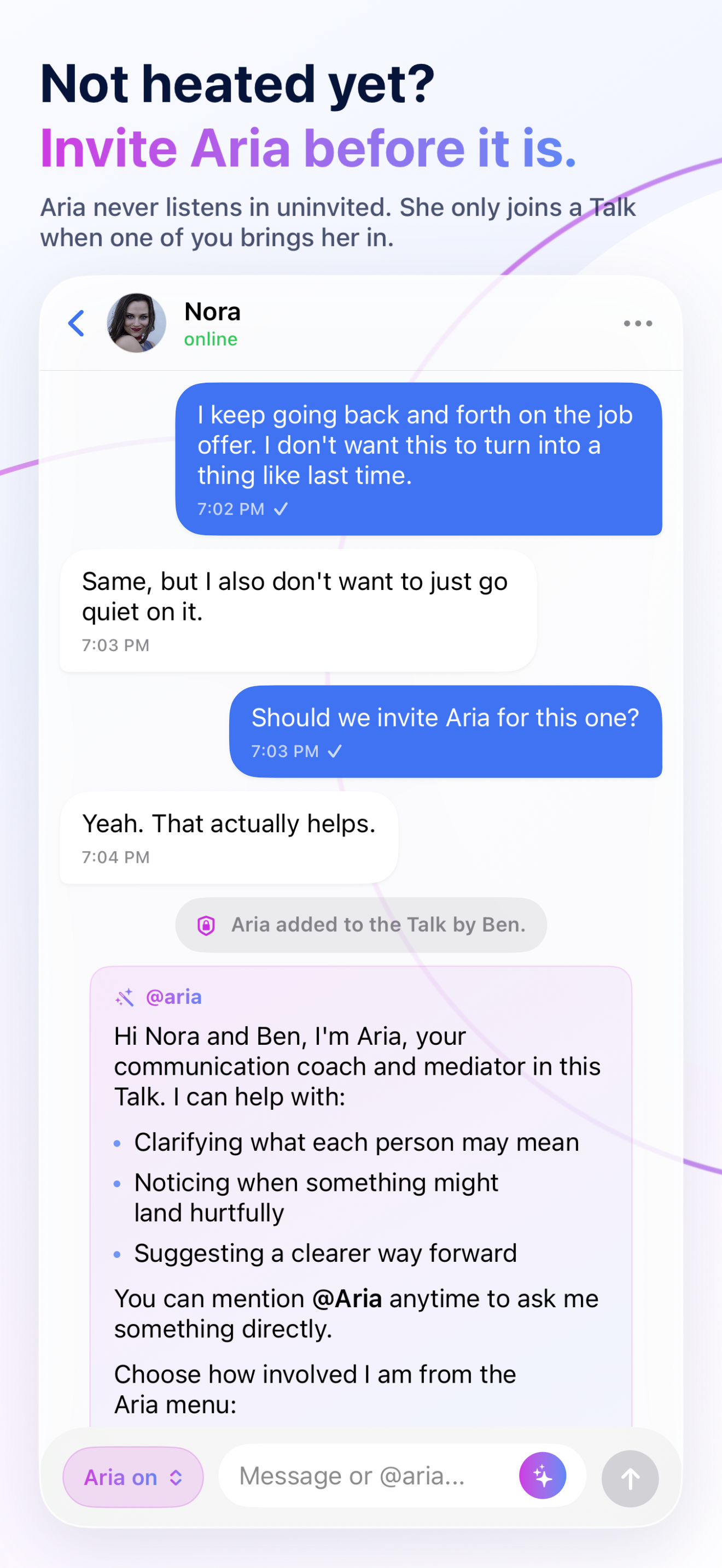 A consent prompt inviting both people to add Aria to a shared conversation.