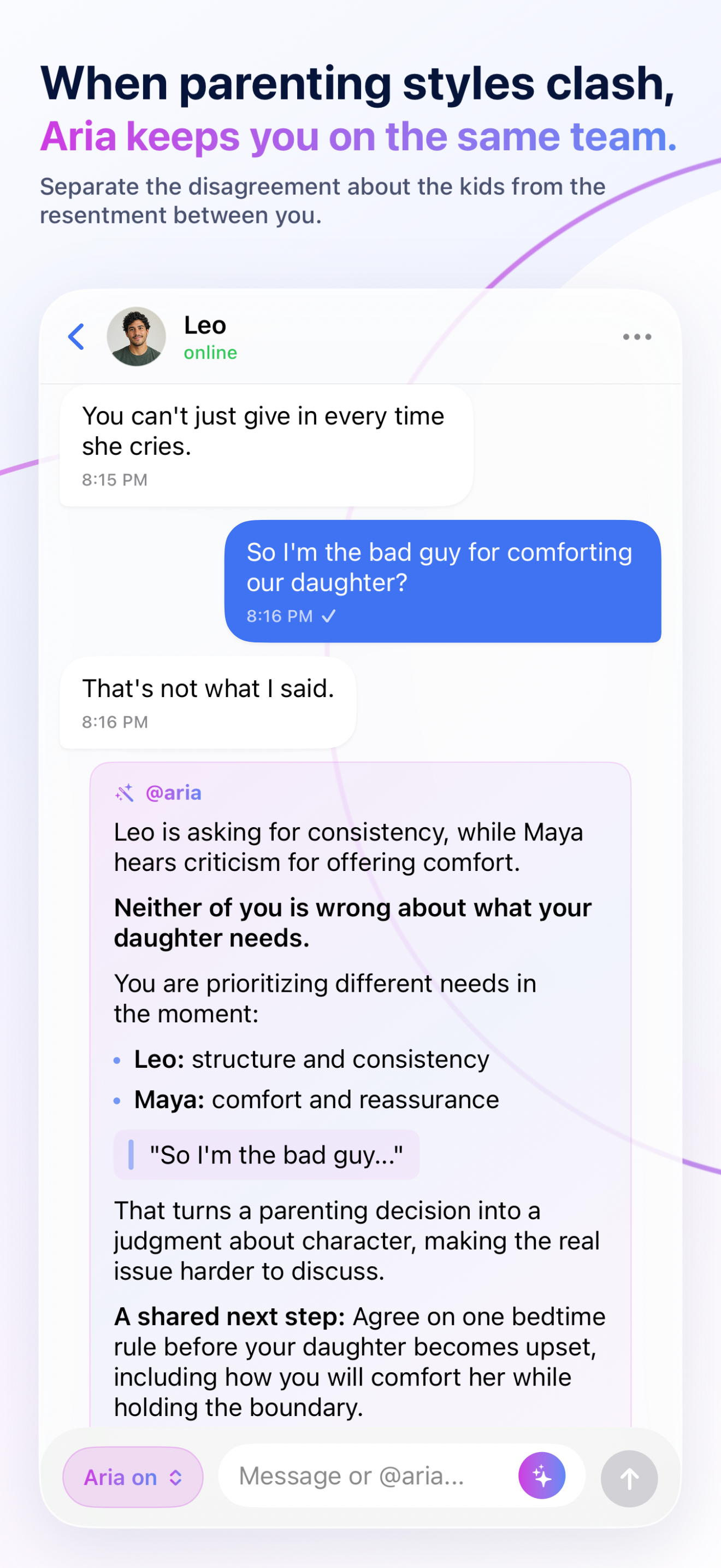 Aria helping parents find common ground in a parenting disagreement.