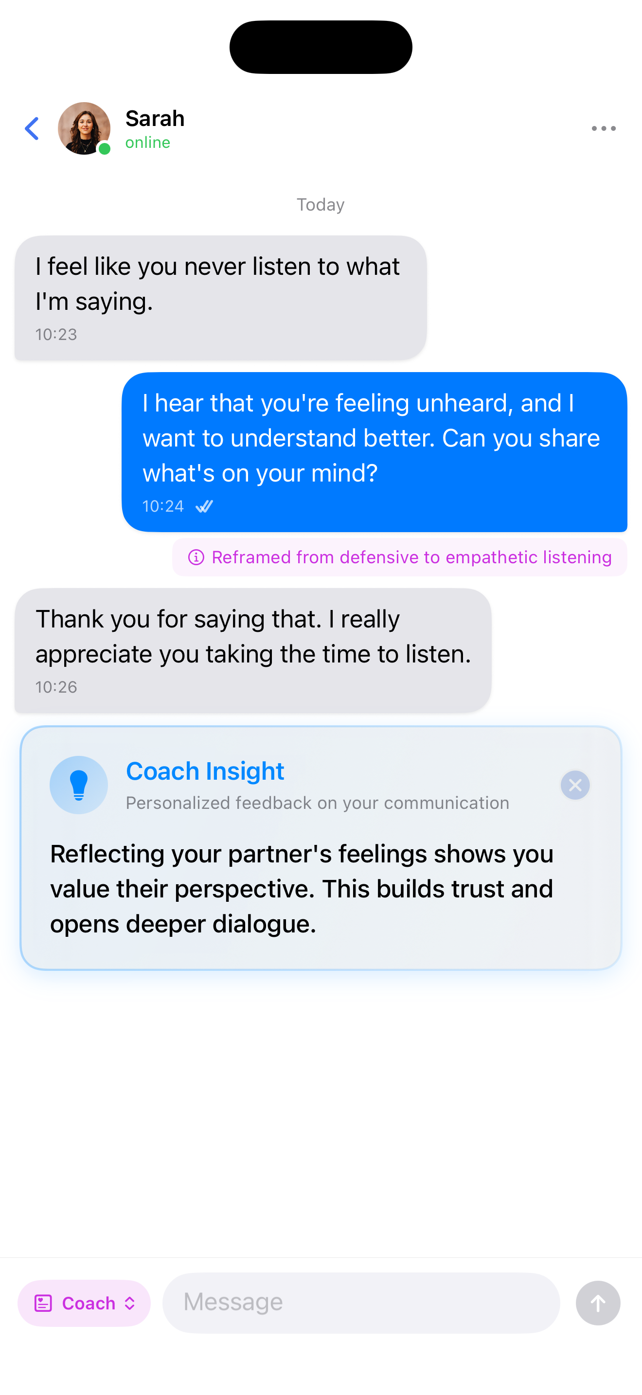 Coach mode conversation with reframed reply and a private coach insight card.