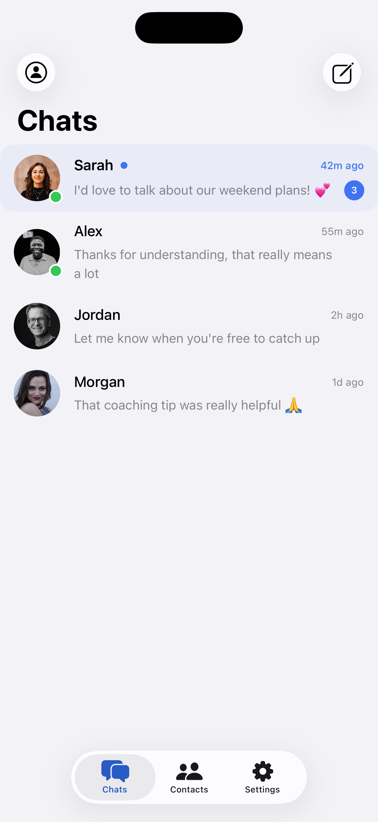 GoodTalk chat list showing recent conversations and contact presence.