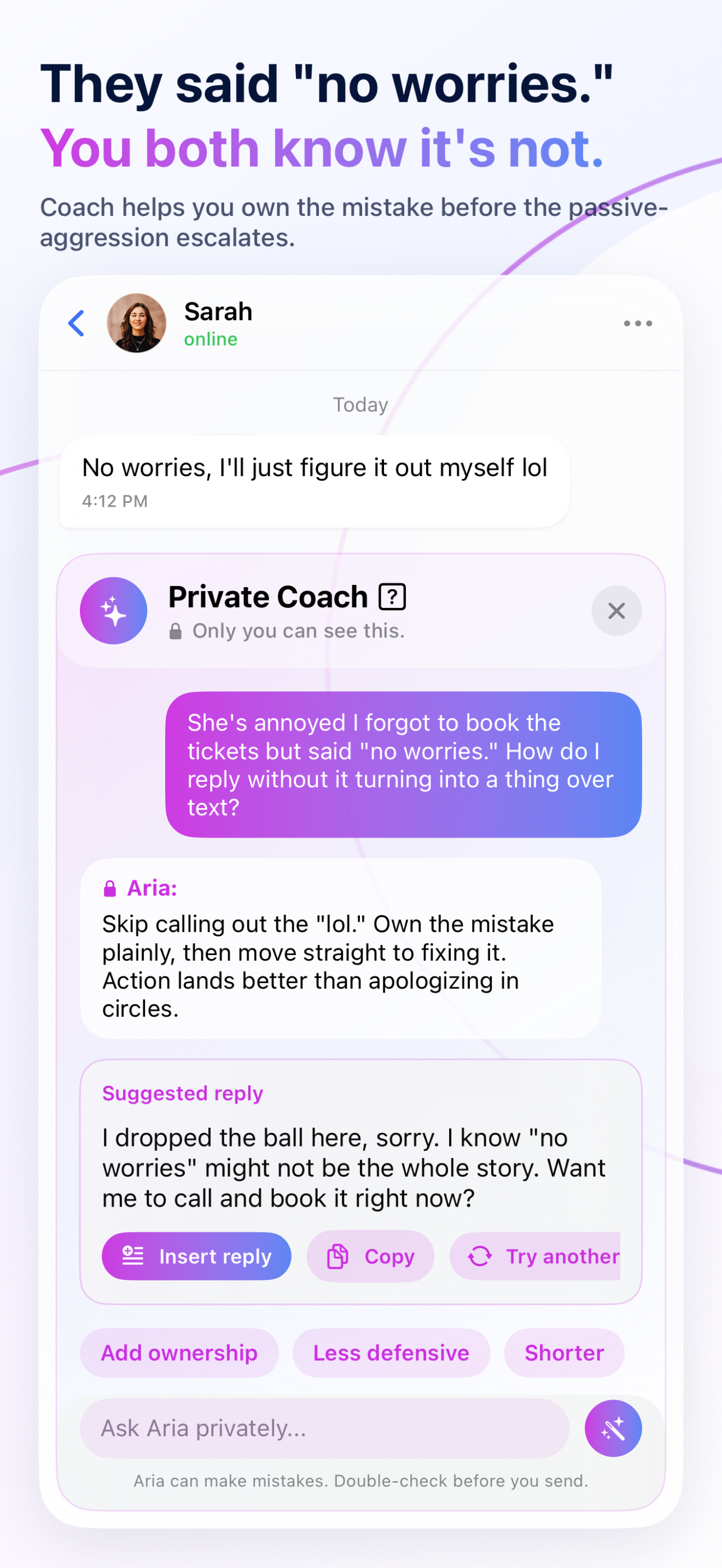 Private Coach helping draft a responsible reply to a frustrated message.