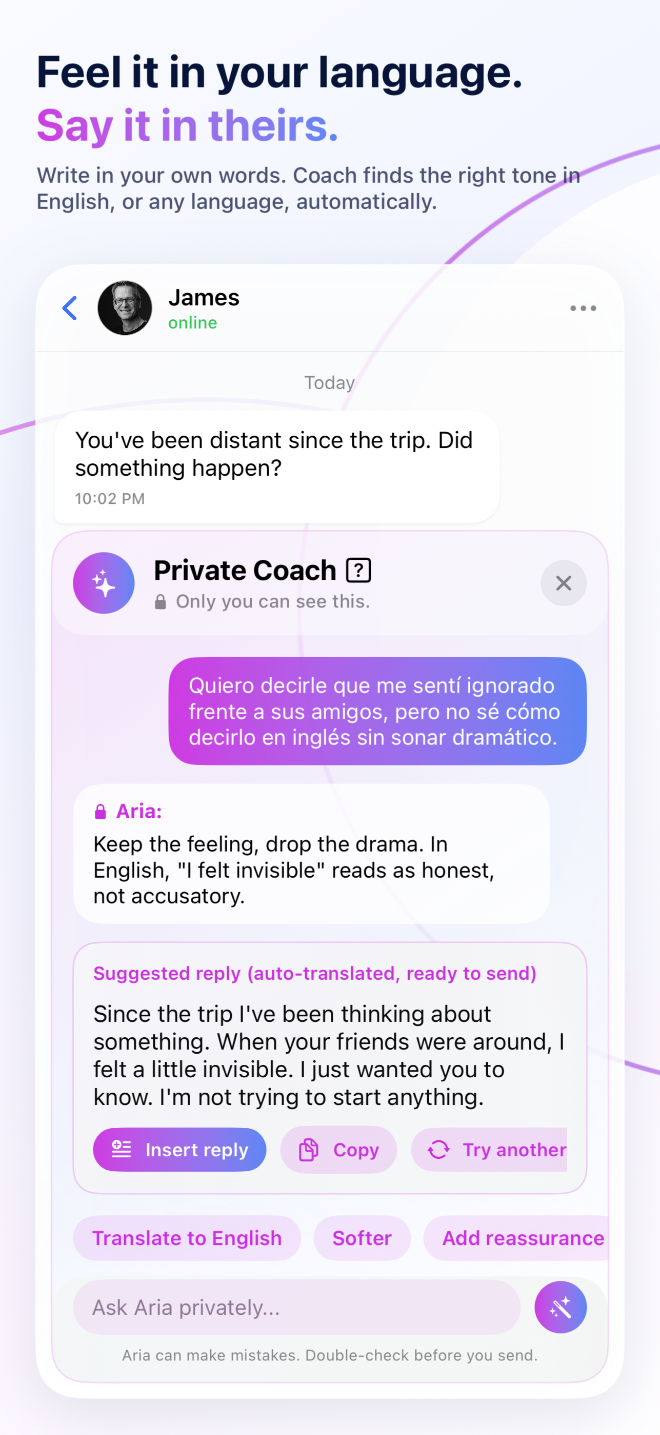 Private Coach translating an emotionally nuanced message between languages.