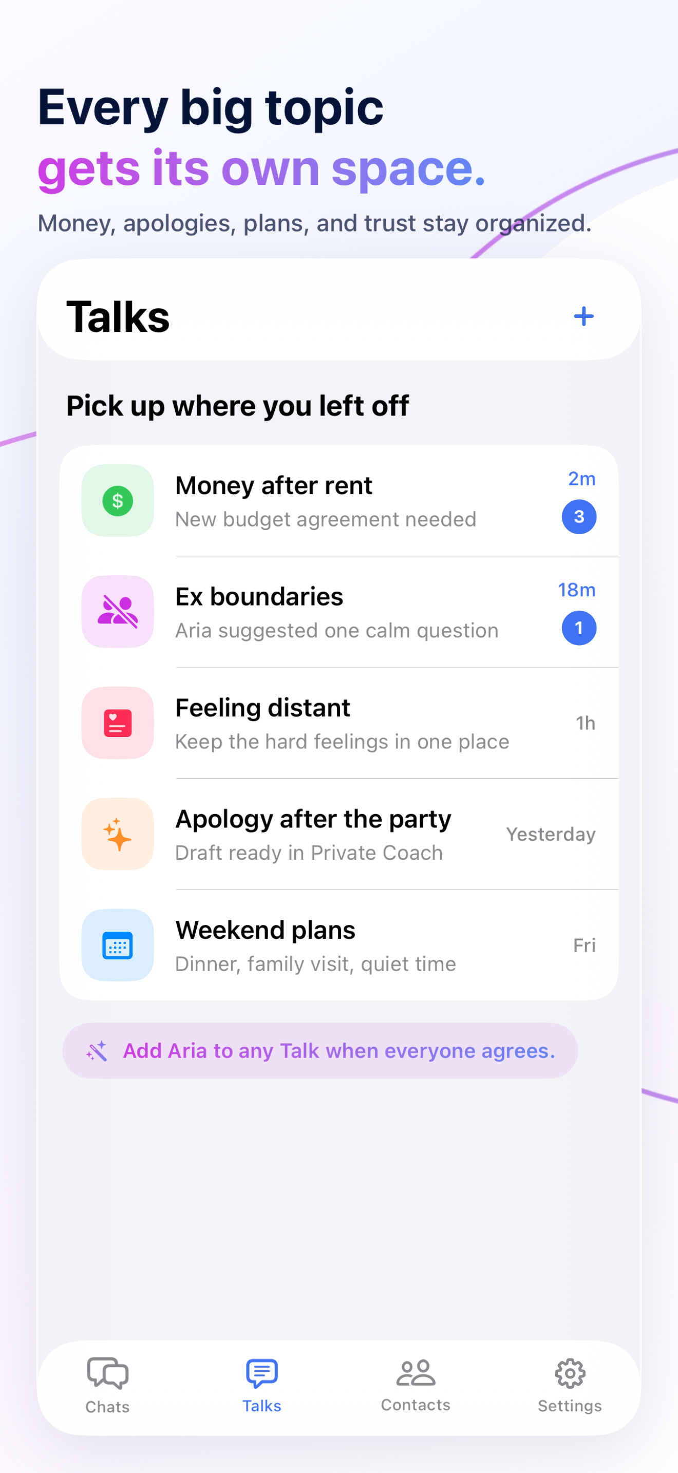 GoodTalk showing separate topic-based conversations for a relationship.